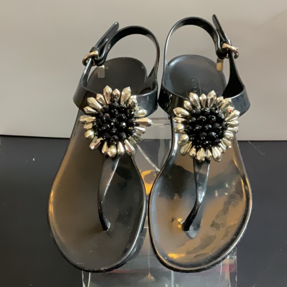 Coach Black Sandals with Thong Design and Ankle Straps